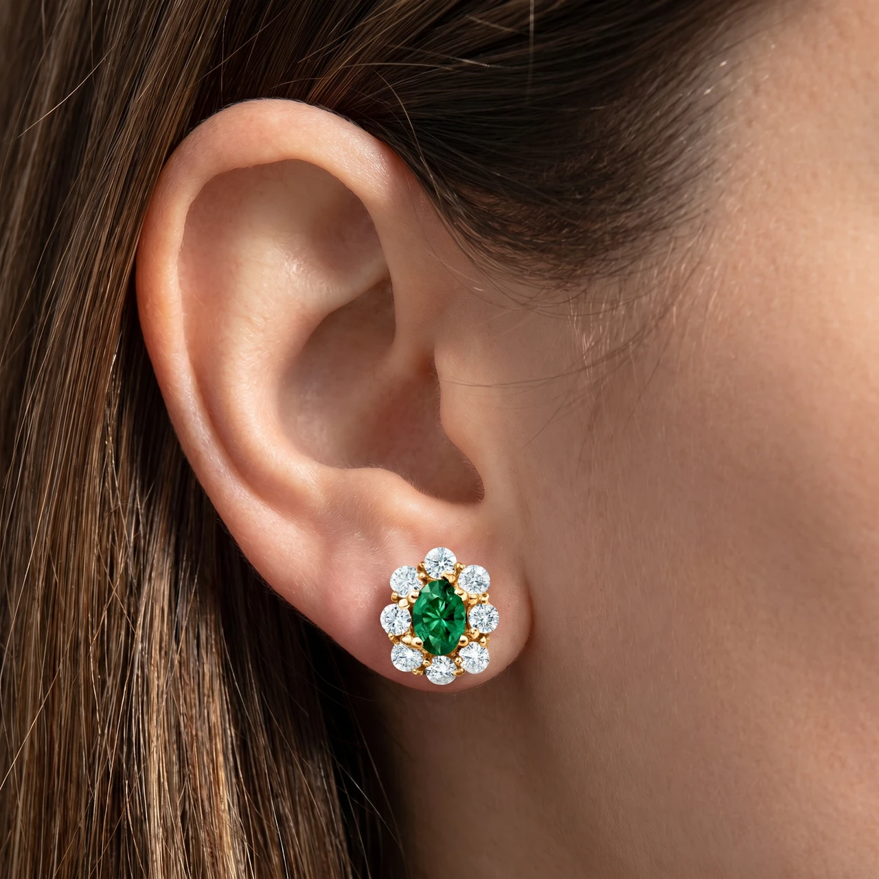 3 Ct Emerald & Diamond Halo Studs 14k Yellow Gold (H-I, I1)