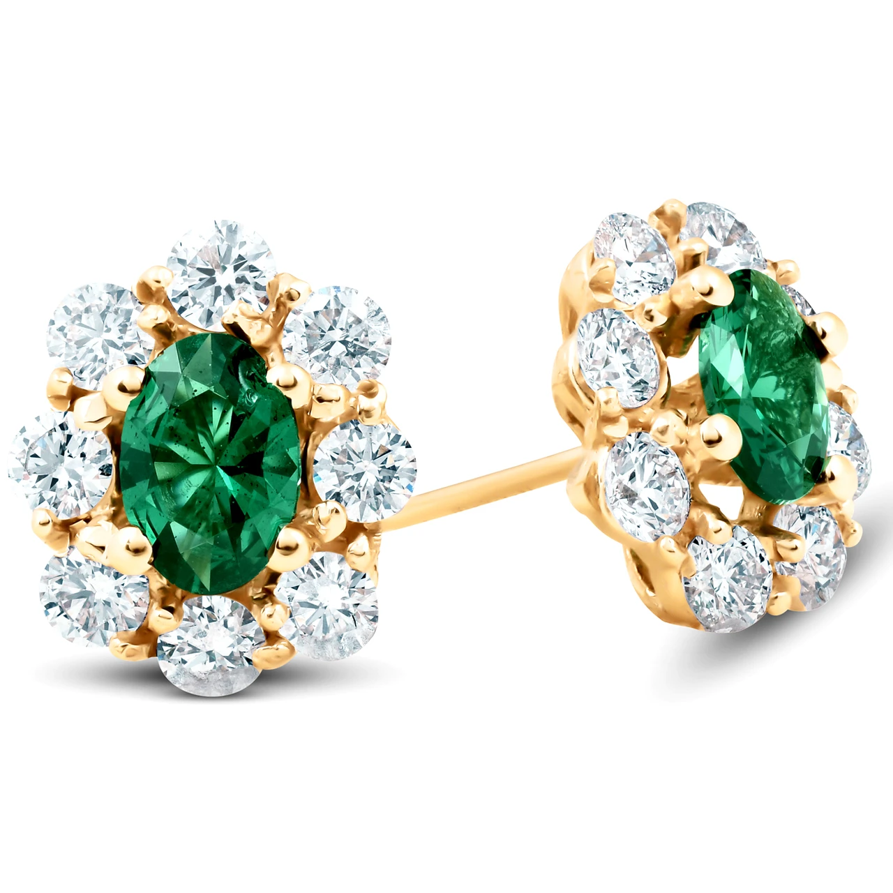 3 Ct Emerald & Diamond Halo Studs 14k Yellow Gold (H-I, I1)