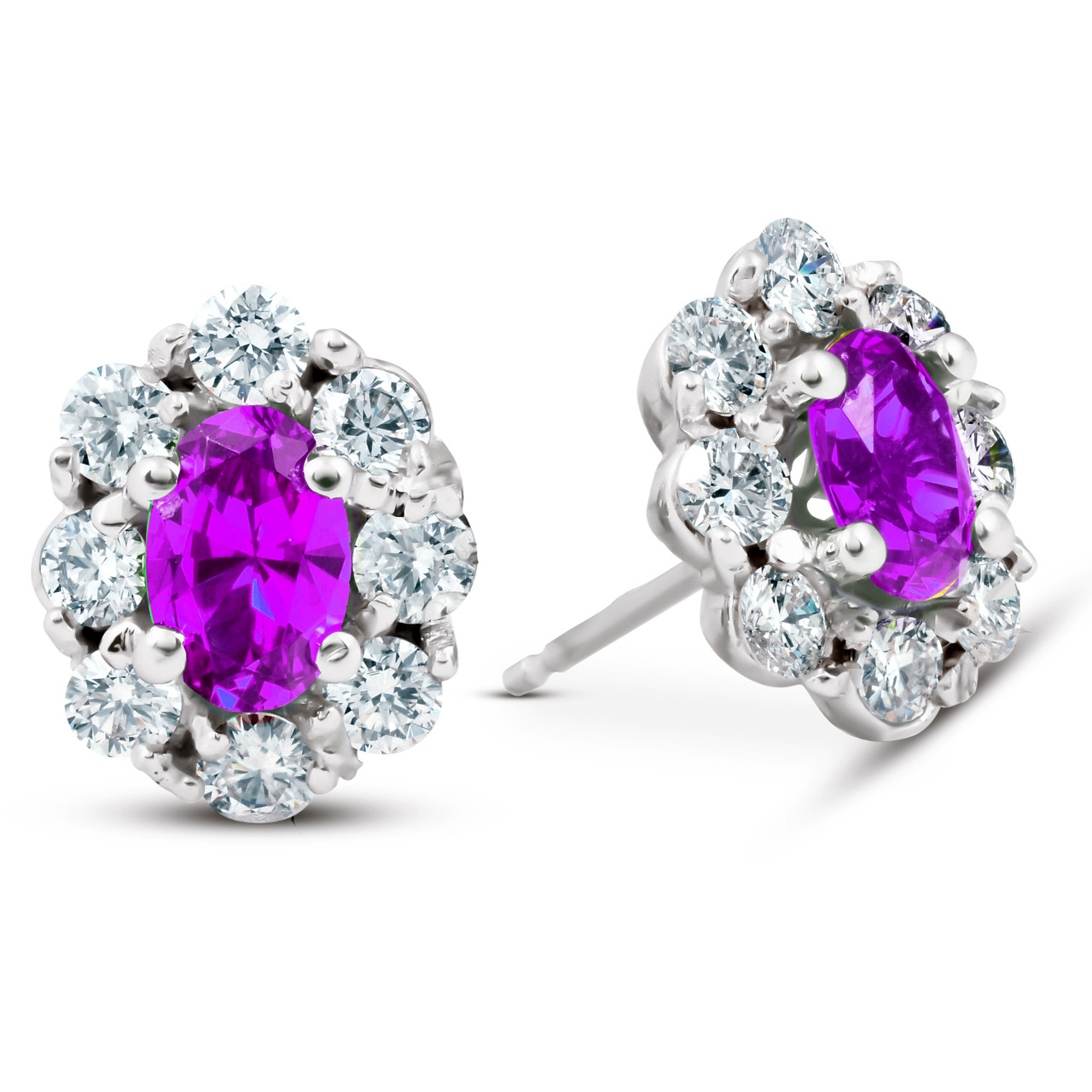 3 Ct Amethyst & Diamond Halo Studs 14k White Gold (H-I, I1)