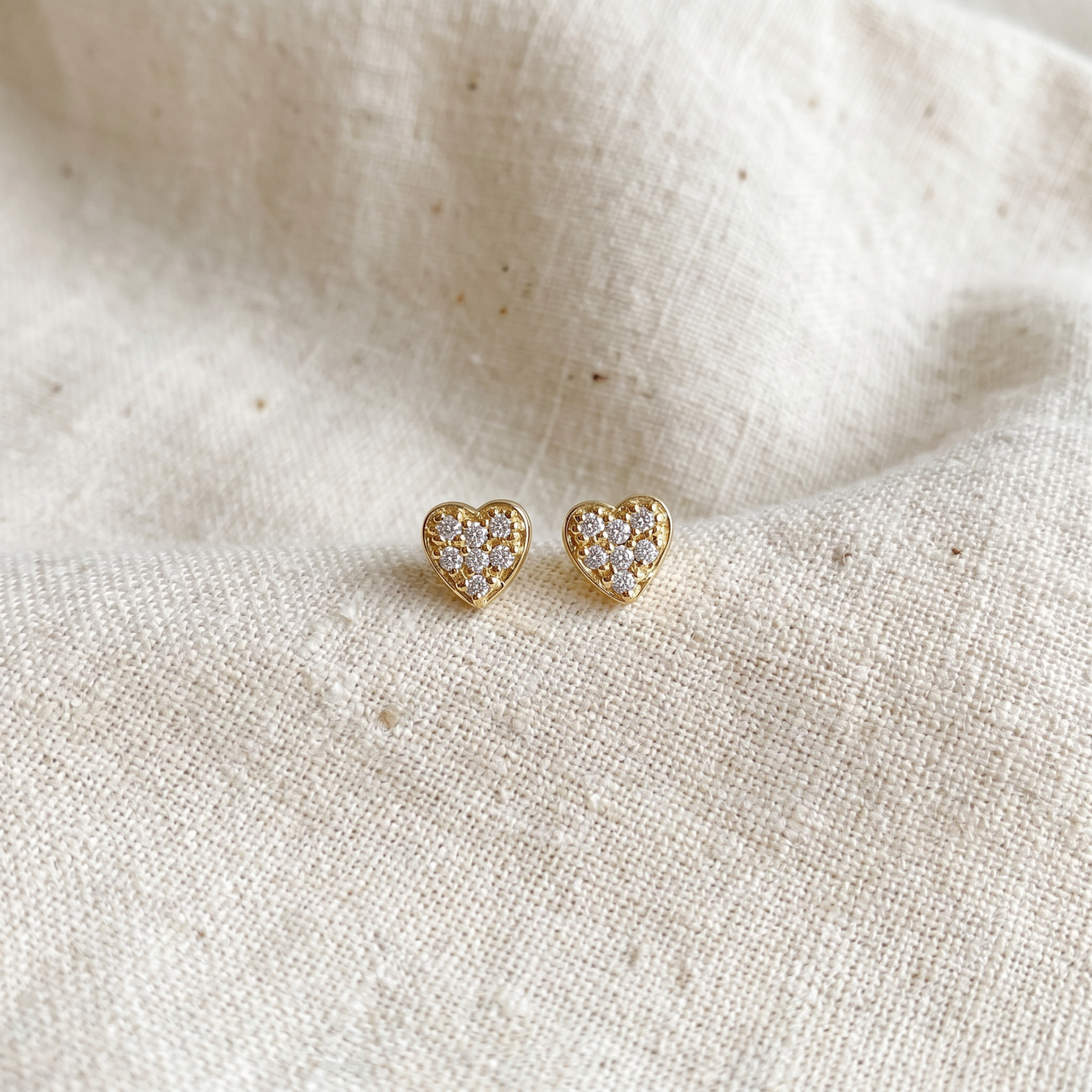 14K Yellow Gold Diamond Pave Petite Heart Studs Dainty High Polished 5.7MM (I-J, I2-I3)