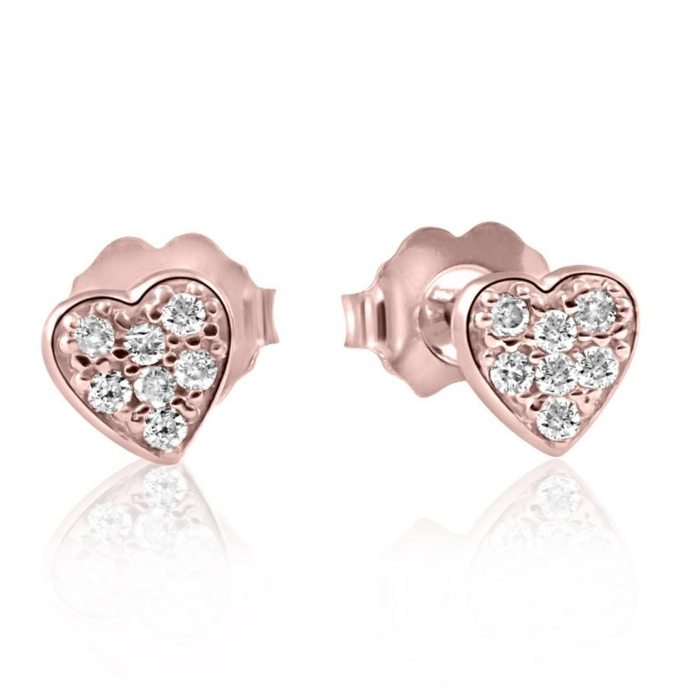 14K Rose Gold Diamond Pave Petite Heart Studs Dainty High Polished 5.7MM (I-J, I2-I3)