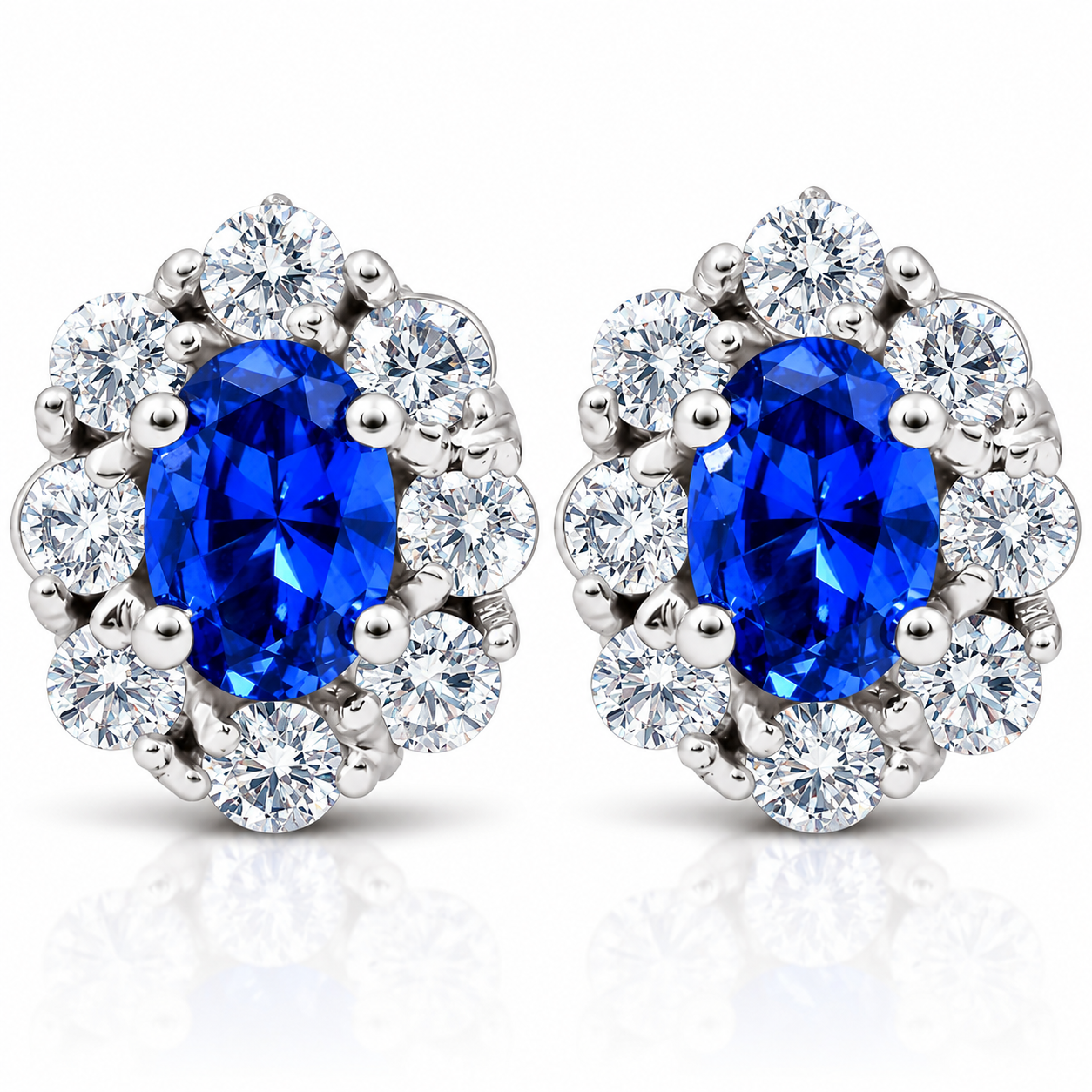 3.10 Ct Blue Sapphire & Diamond Halo Studs 14k White Gold Lab Grown (G-H, VS)