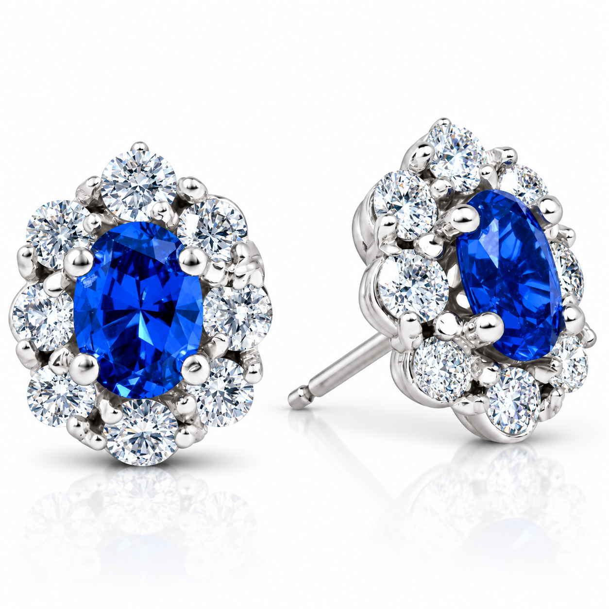 3.10 Ct Blue Sapphire & Diamond Halo Studs 14k White Gold Lab Grown (G-H, VS)
