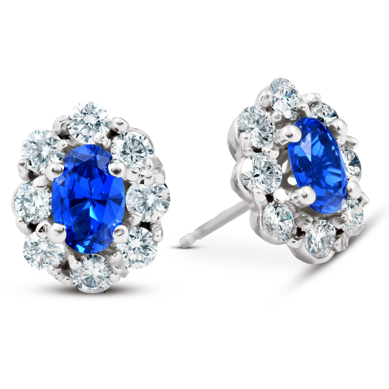 3.10 Ct Blue Sapphire & Diamond Halo Studs 14k White Gold Lab Grown (G-H, VS)