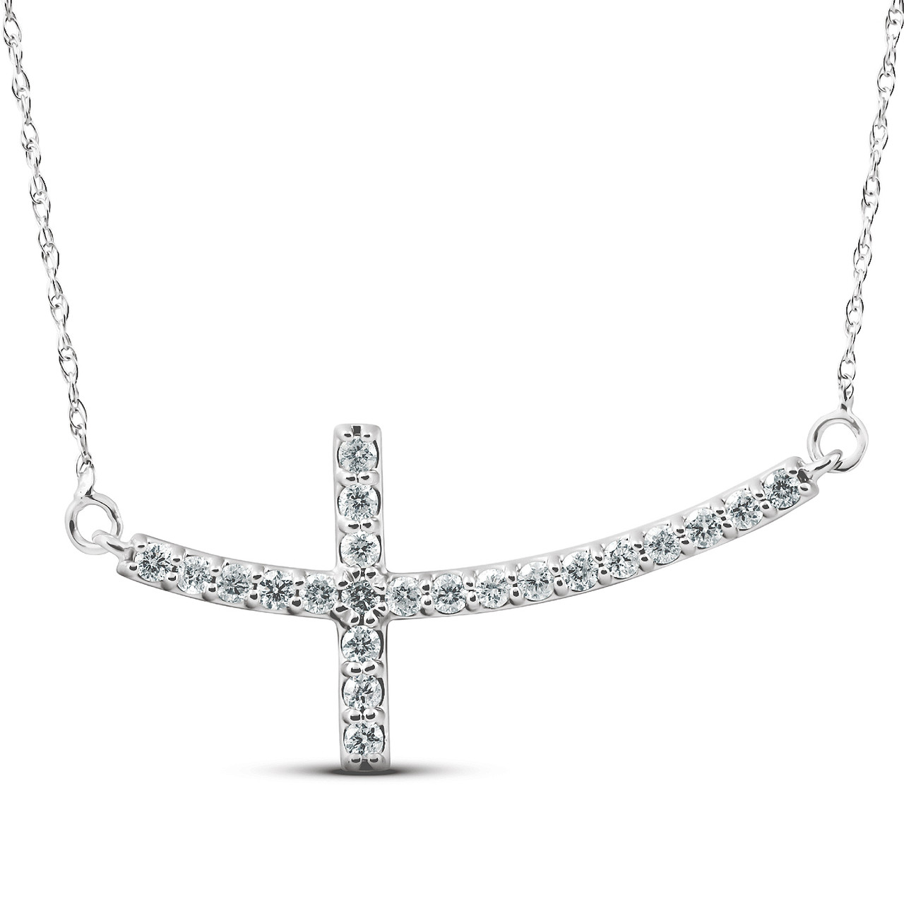 1/3 Ct Diamond Sideways Cross Pendant 14k White Gold & 18