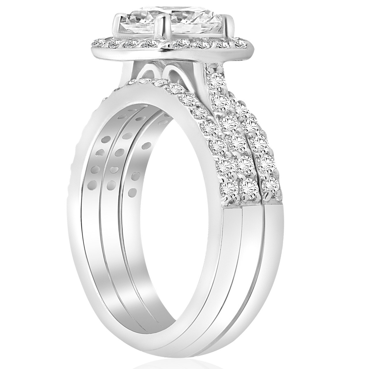 2 3/4 ct Cushion Halo Diamond Engagement Wedding Ring Trio Set 14k