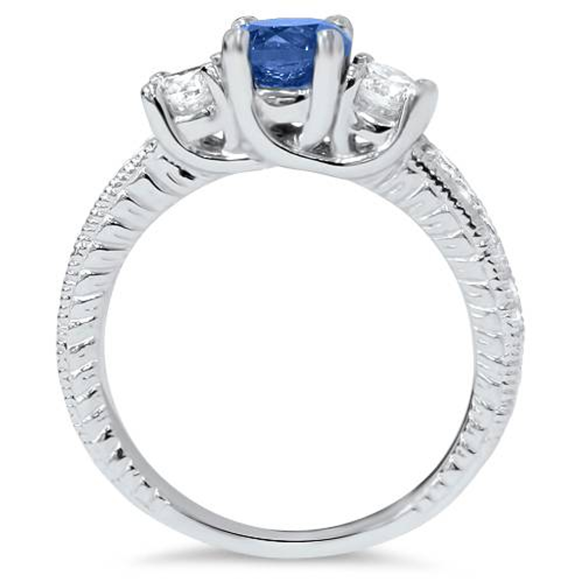 1ct Vintage Blue Diamond 3-Stone Engagement Ring 14K White Gold