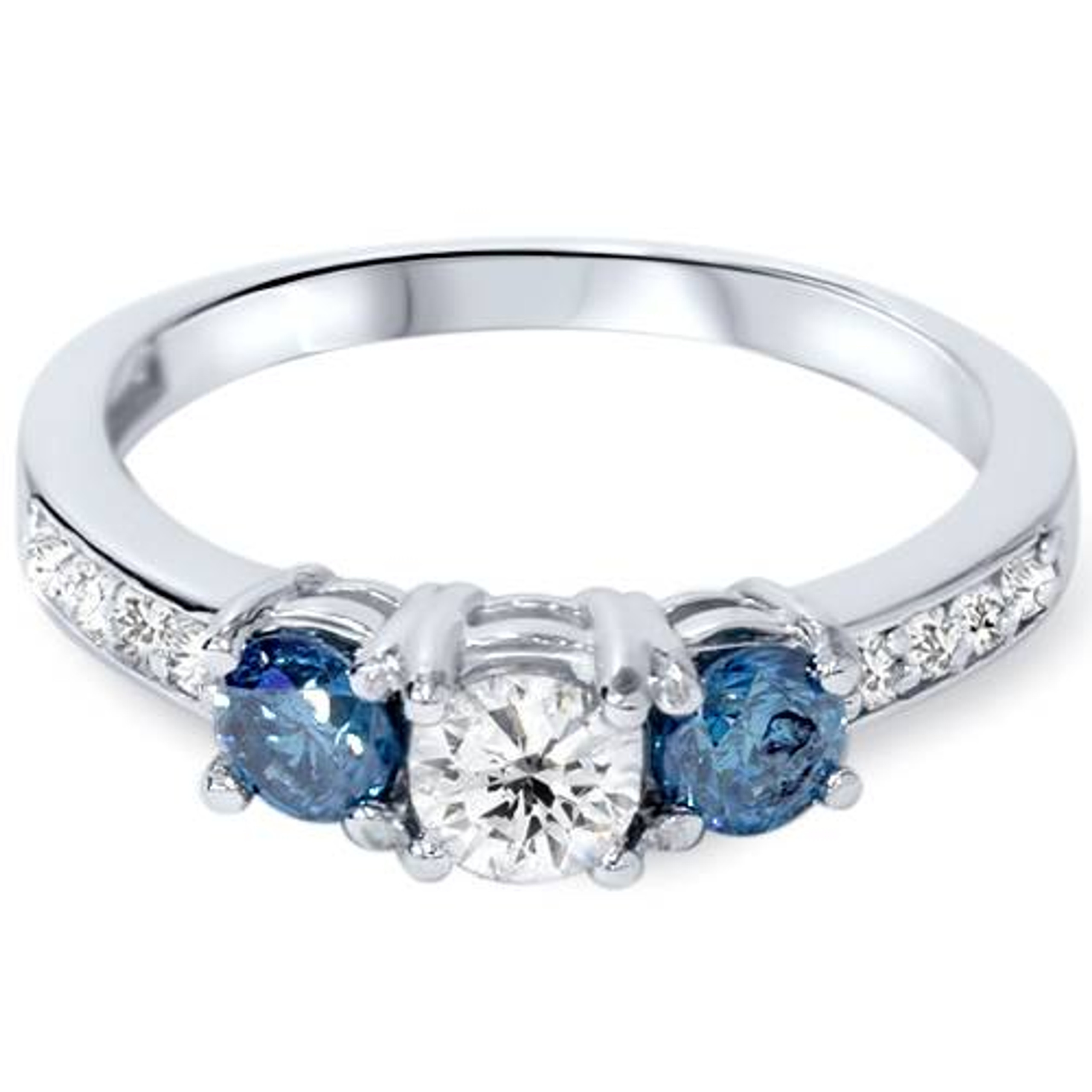 1ct Blue Diamond 3 Stone Engagement Ring 14K White Gold
