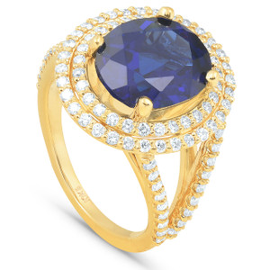 6 1/5 Ct Huge Diamond Oval Blue Sapphire Diamond Double Halo Ring Yellow Gold (H-I, SI)