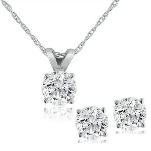 1/2Ct TW Diamond Solitaire Necklace Studs Set 14K White Gold Lab Grown (G-H, VS2-SI1)
