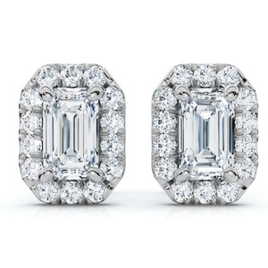 3/4 Ct Emerald Moissanite & Lab Grown Diamond Halo Studs 14k White Gold Earrings (G-H, VS)