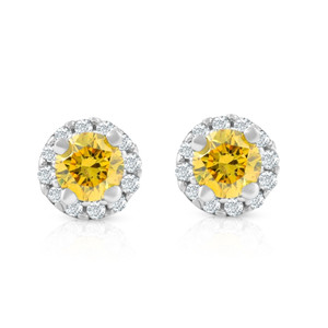 1/4 Ct Halo Fancy Yellow Lab Grown Diamond Studs 10K White Gold (G-H, I1)
