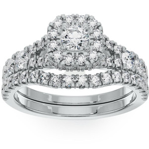 1 1/4Ct Cushion Halo Diamond Engagement Wedding Ring Set in White or Yellow Gold (G-H, I1)