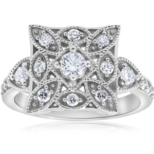 1/2ct Vintage Diamond Ring Square Framed Filigree Band 10K White Gold (G-H, I2-I3)