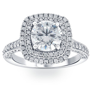 3Ct Diamond & Moissanite Cushion Halo Engagement Ring in White or Yellow Gold (G-H, VS)