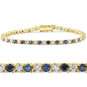 3ct Blue Sapphire & Diamond Tennis Bracelet 14K Yellow Gold 7" (G-H, I1)
