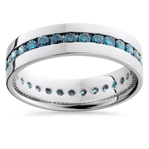 1 1/5ct Blue Diamond Channel Set Eternity Ring 14K White Gold Comfort Fit (Blue, I1)