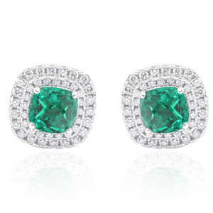 4Ct Emerald & Lab Grown Diamond Cushion Halo Studs 14k White Gold (F-G, VS)