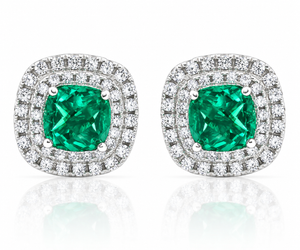 4Ct TW Emerald & Lab Grown Diamond Cushion Halo Studs 14k White Gold Earrings (F-G, VS)