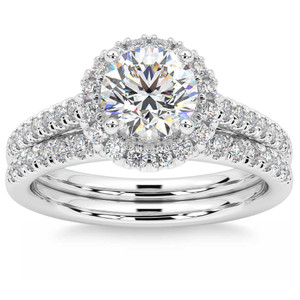 1 1/2 ct Diamond Halo Engagement Wedding Ring Set 14k White Gold Enhanced (G-H, I1)