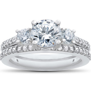 1 1/4 Ct 3-Stone Lab Created Diamond Engagement Ring Wedding Band 14k White Gold (F-G, VS)