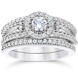 1 Carat Vintage Halo Diamond Engagement Wedding Ring Set 14K White Gold (G-H, I1)