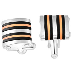 Men's Polished Stainless Steel Brushed Black And Orange 16mm Cufflink