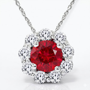 1 1/4ct Ruby Diamond Halo Pendant 14K White Gold (G-H, I1)