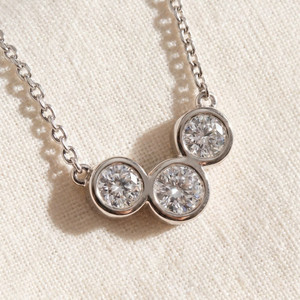 1 3/4ct Diamond 3 Stone Bezel Pendant 14k White Gold 18" Lobster Clasp Lab Grown (F-G, VS)