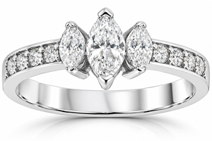 1ct 3-Stone Marquise Diamond Engagement Ring 14K White Gold (G-H, SI)