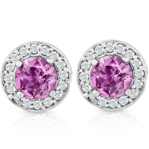 5/8ct Halo Diamond Pink Sapphire Studs 14K White Gold (G-H, I1)