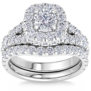 3 1/2Ct Cushion Halo Split Ring Diamond Engagement Set in White Yellow Rose Gold (H-I, I1)