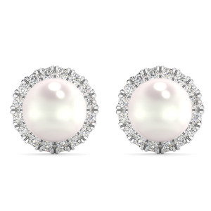 6mm Pearl & Diamond Halo Studs Women's 14k Gold Earrings Lab Grown (G-H, VS2-SI1)