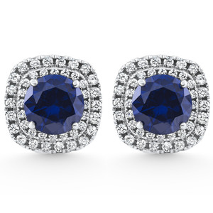 2.65Ct Cushion Halo Blue Sapphire Diamond Studs 14k White Gold Earring Lab Grown (F-G, VS)