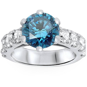 3 1/2ct Blue Lab Grown Diamond Engagement Ring 14K White Gold Round Cut (, VS)