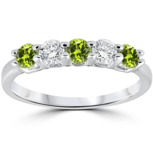 1/2CT Peridot & Diamond 5 Stone Ring 14k White Gold (G-H, I1)