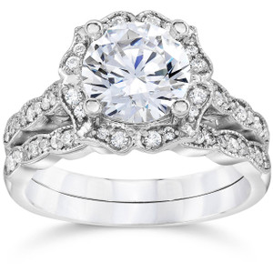 2Ct Diamond Halo Engagement Ring 14K White Gold Wedding Ring Set Lab Grown (G-H, VS2-SI1)