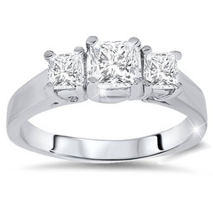 1ct Three Stone Princess Cut Diamond Engagement Ring 14K White Gold (H-I, I1)