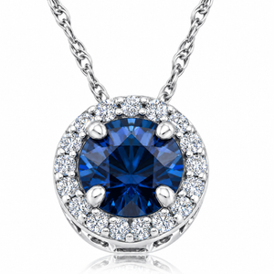 1/2ct Blue Sapphire & Diamond Halo Pendant White Gold & 18" Necklace Lab Grown (F-G, VS)