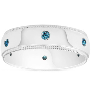 Mens Blue Diamond Wedding Ring 10K White Gold (Blue, SI)