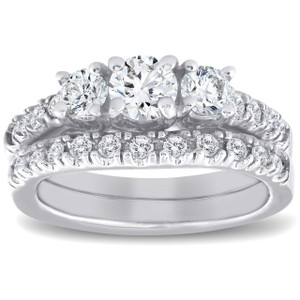 1 1/2 ct 3-Stone Diamond Engagement Ring Matching Wedding Band Set White Gold (H-I, I1)