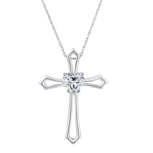 1Ct Cross Solitaire Heart Shape Diamond Necklace Gold Womens Necklace 1" Tall (F-G, VS)