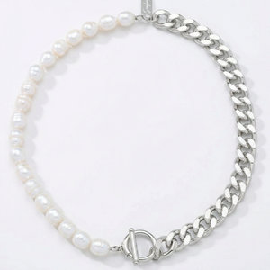 Fresh Water Pearl Half Curb Link Necklace 18" Toggle Clasp