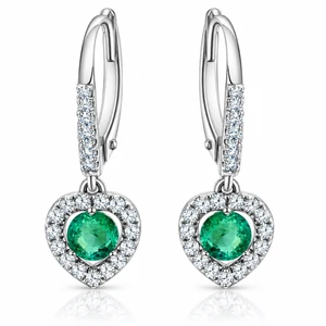 5/8Ct TW Emerald Lever Back Dangle Hoops White Gold Heart Earrings 3/4" Tall (H-I, I1)