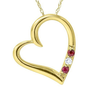 Diamond & Ruby Heart Pendant 3-Stone 10K Yellow Gold with 18" Chain (G-H, I2-I3)
