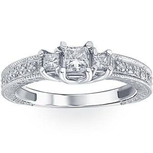 1/2ct Vintage Three Stone Princess Cut Diamond Engagement Ring 14K White Gold (H-I, SI)