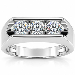 1 1/2ct Diamond Three Stone Mens Wedding Ring in 14k White or Yellow Gold (H-I, I1)