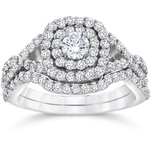 1 1/10cttw Cushion Diamond Halo Engagement Ring Set White Gold (I-J, I2-I3)