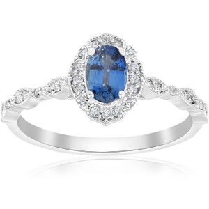 3/4ct Oval Blue Sapphire Diamond Halo Vintage Engagement Ring 14K White Gold (I-J, I2-I3)