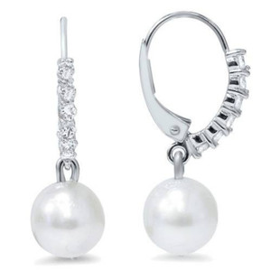 1/4ct Diamond Dangle Lever back Hoops & Pearl Earrings 14K White Gold (H-I, I2-I3)